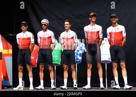 Aracena, Spanien. 07. September 2022. Cofidis-Fahrer am Start der Etappe 17 der Ausgabe 2022 der „Vuelta a Espana“, Rundfahrt durch Spanien, von Aracena bis Monasterio de Tentudia (162,3km), Spanien, am Mittwoch, den 07. September 2022. BELGA FOTO DAVID PINTENS Kredit: Belga Nachrichtenagentur/Alamy Live News Stockfoto