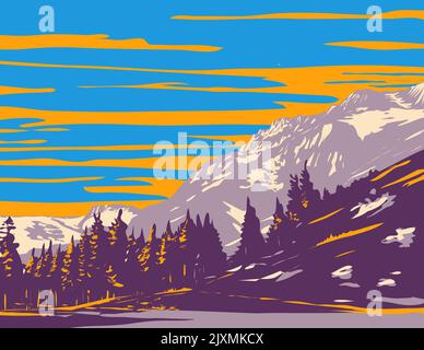 WPA-Plakatkunst des Phipps Peak in der Sierra Nevada westlich der Emerald Bay und des Lake Tahoe El Dorado County California im Stil der Projektverwaltung. Stockfoto