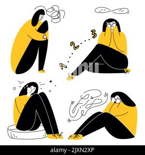 Gruppe von Personen hat PTSD, OCD-Symptome aufdringliche Gedanken, Angst, Neurose und Panikattacke. Vektor-Illustration mit Mädchen-Syndrom zwanghaft Stock Vektor