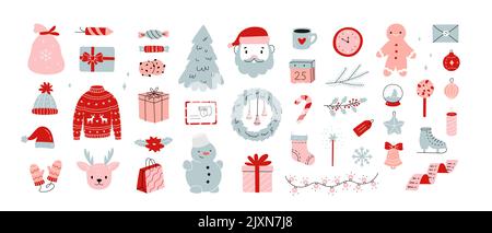 Weihnachtsartikel im flachen Doodle-Stil. Neujahr Figuren und Geschenke für Postkarten, Textilien, Banner, Webdesign, Scrapbooking Stock Vektor