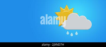 Wetterprognosesymbol. Leicht bewölkt mit Regen.Tag Wetterprognose-Info-Symbol auf blau. Klima-Wetter-Element. Trendy breites Banner für Bericht Mark, Me Stockfoto