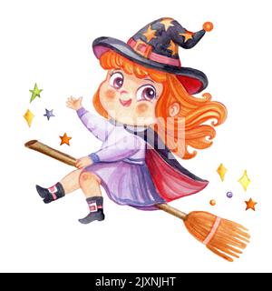 Aquarell Illustration von halloween niedlichen Cartoon Hexe fliegen auf einem Broomstick. Happy Halloween isolierte Illustration. Für halloween-Party, Poster, d Stockfoto