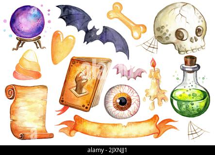 Aquarell Illustration Set aus verschiedenen Fantasy Halloween Elemente Hexenbuch, Trank, Totenkopf, Kerze. Halloween isoliert von Hand gezeichnete Malerei. Für Teil Stockfoto