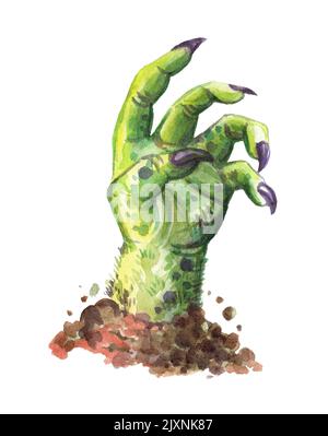 Aquarell Illustration von gruseligen Halloween Zombie Hand aus dem Boden. Halloween-Illustration. Aquarellmalerei. Für halloween-Party, Poster, d Stockfoto