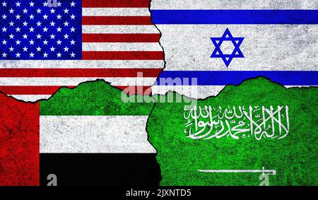 Die USA, Saudi-Arabien, die Vereinigten Arabischen Emirate und Israel Flaggen zusammen. USA Israel Saudi-Arabien VAE-Allianz Stockfoto