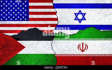 Flaggen der USA, des Iran, Palästinas und Israels an einer Mauer. Amerika Israel Palästina Iran Beziehung Stockfoto