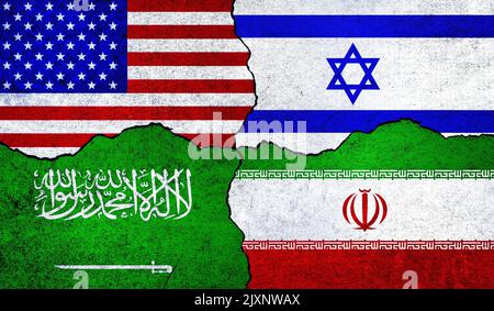 Flaggen der USA, des Iran, Saudi-Arabien und Israels an einer Wand. USA Israel Iran Saudi-Arabien Beziehung Stockfoto