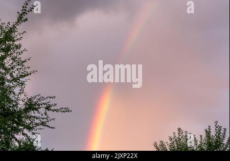 Nahaufnahme des Regenbogens am wolkigen Sommerhimmel am Abend. Stockfoto