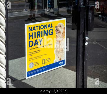 Ein Schild im Fenster eines Petco-Stores im Viertel Union Square in New York informiert am Freitag, den 2. September 2022, potenzielle Mitarbeiter über ihren „National Hiring Day“. (© Richard B. Levine) Stockfoto