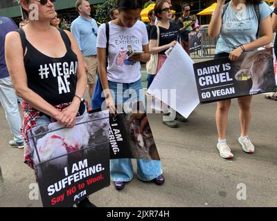 Tierrechtler, von Anti-Kutschpferdeaktivisten bis hin zu Veganern und alle dazwischen, treffen sich am Samstag, dem 27. August 2021, auf dem Flatiron Plaza in New york zum Tierrechtsmarsch. (© Frances M. roberts) Stockfoto