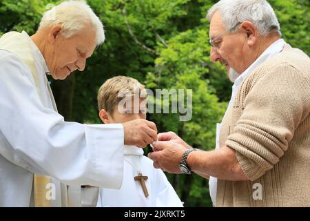 Donner la Communion. Pèlerinage diözésain. Sanctuaire de la Bénite Fontaine. Haute-Savoie. Auvergne-Rhône-Alpes. Frankreich. Europa. Stockfoto