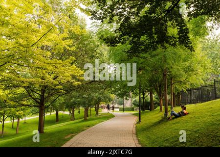 Toronto, Ontario, Canada - July 19 2021 : Menschen, die sich auf dem Philosophenweg ausruhen und spazieren gehen, University of Toronto. Queen's Park. Stockfoto