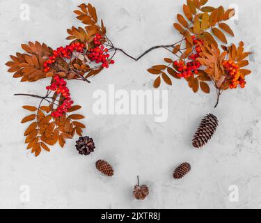 Herbstkomposition in Form eines Herzens aus Ästen und Beeren aus Bergasche, Klone. Rahmen mit natürlichen Gaben des Waldes auf einem grauen concr Stockfoto