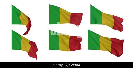 Mali-Flagge, Mali-Flaggensammlung, Flaggen unterschiedlicher Form 6 Flagge 3D auf weißem Hintergrund isoliert, 3D Arbeit und 3D Bild Stockfoto