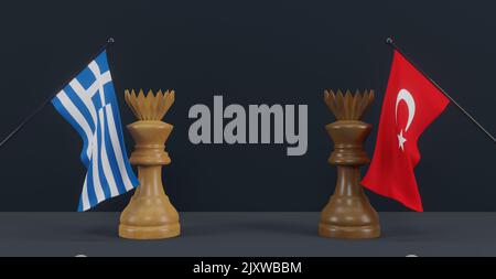 Griechenland-Flagge und türkei-Flagge und Schachkönig auf Schachbrett, Griechenland vs. türkei-Länder politischer Konflikt und Kriegskonzept, 3D Arbeit und 3D Bild Stockfoto