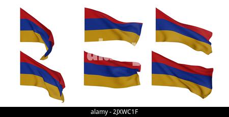 Armenische Flagge, armenische Flaggensammlung, Flaggen unterschiedlicher Form 6 Flagge 3D auf weißem Hintergrund isoliert, 3D Arbeit und 3D Bild Stockfoto