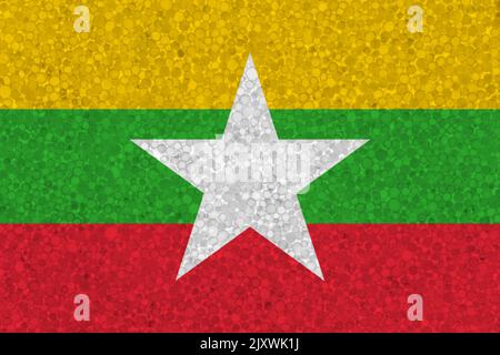 Flagge von Myanmar auf Styropor-Textur. Nationalflagge auf der Oberfläche von Plastikschaum gemalt Stockfoto