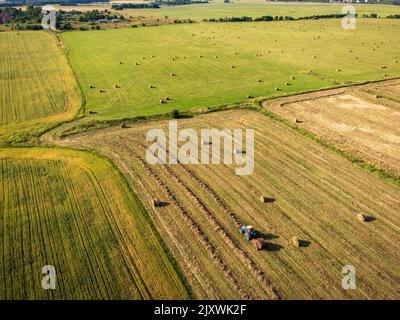 Luftdrohnenaufnahme des blauen Traktors Sammeln und Rollen Heu nach der Ernte in der Landwirtschaft an sonnigen Sommertag auf Ackerland abgelegt Stockfoto