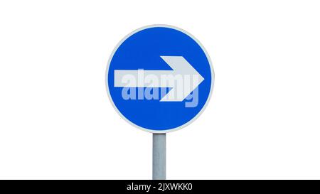 Rechts abbiegen Zeichen auf weißem Hintergrund. Stockfoto
