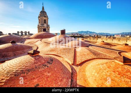 Malaga Kathedrale auf dem Dach bei Sonnenuntergang in Malaga, Andalusien, Spanien Stockfoto