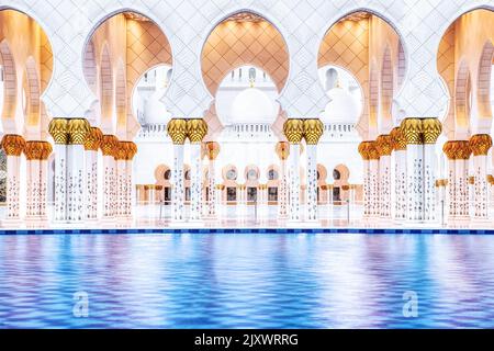 Säulen mit Pool der Scheich-Zayed-Moschee in Abu Dhabi, VAE Schlüsselwörter: Moschee, abu, dhabi, Grand, She Stockfoto