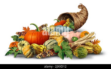 Thanksgiving Cornucopia Horn Objekt voll von frischem Obst und Gemüse auf weißem Hintergrund als rustikale traditionelle Weide oder gewobenen Korb mit Autu Stockfoto