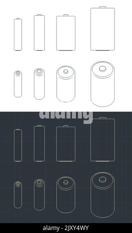 Stilisierte Vektor-Illustrationen von Blaupausen von Batterien unterschiedlicher Größe Stock Vektor