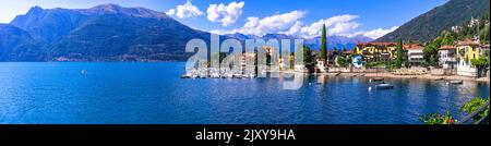 Stynning idyllische Seenlandschaft, erstaunlicher Lago di Como. Panoramablick auf die schöne Stadt Bellano. Italien, Lombardei Stockfoto