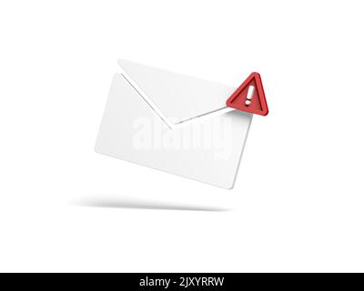 Mail-Symbol auf weißem Hintergrund isoliert. E-Mail E-Mail. Problem. Warnschild. 3D Abbildung. Stockfoto