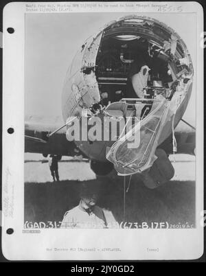 Nasenschaden der Boeing B-17 Flying Ofrtress namens „Old Bill“. Schäden durch 20-MM-Gehäuse (5/15/43.) Stockfoto