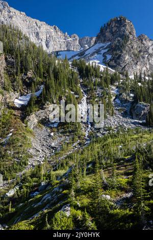 Ein großer Wasserfall, der von den hohen Klippen und Gipfeln des Paintbrush Canyon in den Teton Mountains fließt. Grand Teton National Park, Wyoming Stockfoto