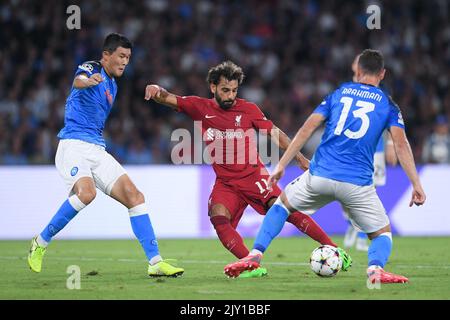 Neapel, Italien. 07. September 2022. Kostas Tsimikas vom FC Liverpool wird am 7. September 2022 im Stadio Diego Armando Maradona, Neapel, Italien, von Min-Jae Kim vom SSC Napoli und Amir Rrahmani vom SSC Napoli beim UEFA Champions League-Spiel zwischen Napoli und Liverpool herausgefordert. Kredit: Giuseppe Maffia/Alamy Live Nachrichten Stockfoto