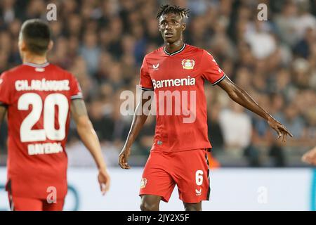 Brügge, Belgien. 07. September 2022. Leverkusens Odilon Kossounou während eines Fußballspiels zwischen dem belgischen Club Brugge KV und dem deutschen Bayer 04 Leverkusen, Mittwoch, 07. September 2022, am Eröffnungstag der Gruppenphase des UEFA Champions League-Turniers in Brügge. BELGA FOTO BRUNO FAHY Quelle: Belga Nachrichtenagentur/Alamy Live News Stockfoto