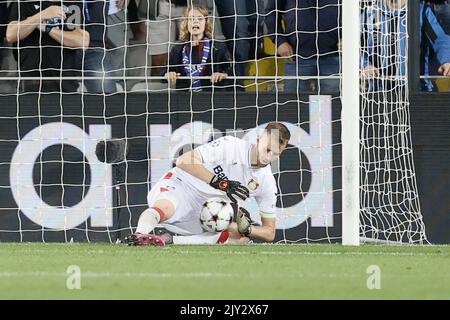 Brügge, Belgien. 07. September 2022. Leverkusens Torwart Lukas Hradecky im Bild während eines Fußballspiels zwischen dem belgischen Club Brugge KV und dem deutschen Bayer 04 Leverkusen, Mittwoch, 07. September 2022, in Brügge, am Eröffnungstag der Gruppenphase des UEFA Champions League Turniers. BELGA FOTO BRUNO FAHY Quelle: Belga Nachrichtenagentur/Alamy Live News Stockfoto