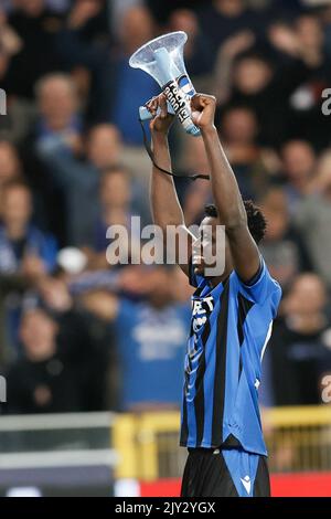 Brügge, Belgien. 07. September 2022. Abakar Sylla feiert nach dem Gewinn eines Fußballspiels zwischen dem belgischen Club Brugge KV und dem deutschen Bayer 04 Leverkusen am Mittwoch, den 07. September 2022 in Brügge, am Eröffnungstag der Gruppenphase des UEFA Champions League-Turniers. BELGA FOTO BRUNO FAHY Quelle: Belga Nachrichtenagentur/Alamy Live News Stockfoto