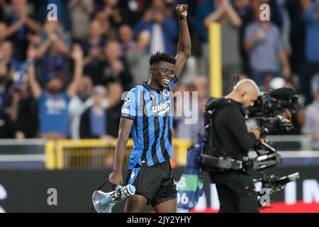 Brügge, Belgien. 07. September 2022. Abakar Sylla feiert nach dem Gewinn eines Fußballspiels zwischen dem belgischen Club Brugge KV und dem deutschen Bayer 04 Leverkusen am Mittwoch, den 07. September 2022 in Brügge, am Eröffnungstag der Gruppenphase des UEFA Champions League-Turniers. BELGA FOTO BRUNO FAHY Quelle: Belga Nachrichtenagentur/Alamy Live News Stockfoto