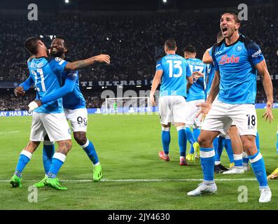 Neapel, Kampanien, Italien. 7. September 2022. GIOVANNI SIMEONE vom SSC Napoli feiert im Rahmen des Champions League-Fußballmatches SSC Napoli gegen den FC Liverpool im Diego Armando Maradona-Stadion. Napoli gewann 4:1. (Bild: © Fabio Sasso/ZUMA Press Wire) Bild: ZUMA Press, Inc./Alamy Live News Stockfoto