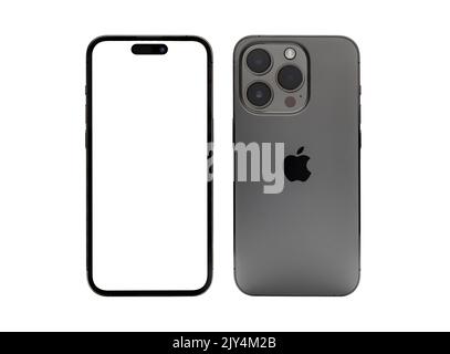 Antalya, Türkei - 08. September 2022: Neu veröffentlichtem iphone 14 Pro Mockup Set mit Vorder- und Rückwinkel Stockfoto