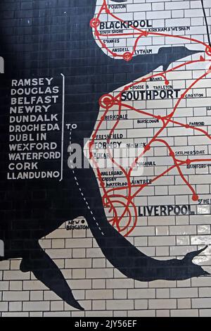 Alte Streckenkarte in Fliesen, Victoria Railway Station, Manchester, England, Großbritannien, m3 1WY - Nordweststrecken, Liverpool, Southport, Blackpool Stockfoto