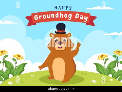 Happy Groundhog Day am 2. Februar mit niedlichen Murmeltier Charakter und Garten Hintergrund Vorlage Hand gezeichnet Cartoon flache Illustration Stock Vektor