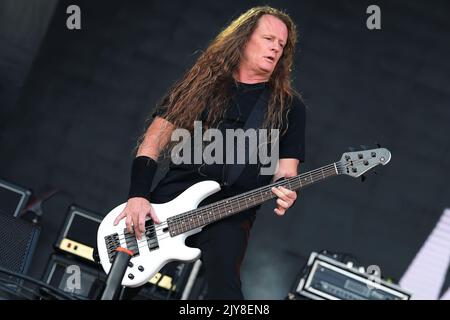 Rio de Janeiro, Brasilien,2. September 2022. Bassist David Ellefson während eines Konzerts der amerikanischen Heavy Metal Band Metal Allegiance im Rock in Rio 2022 in Stockfoto