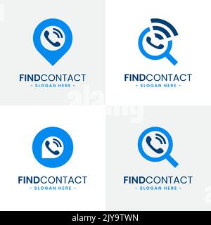Satz von Design-Vorlagen für Kontaktlogos suchen. Symbolvektor für Kontaktfinder. Telefon, Kontakt, Chat, Serviceberatung, Suchkonzept. Stock Vektor