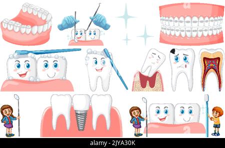 Set von zahnmedizinischen Geräten und Cartoon-Figuren Illustration Stock Vektor