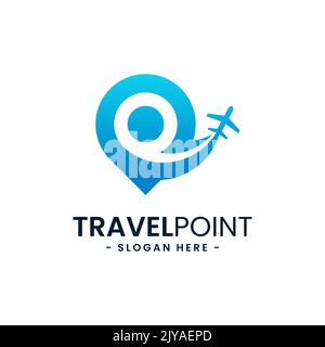 Design-Vorlage für das Travel Point-Logo. PIN-Symbol mit Flugzeugkombination. Konzept von Urlaub, Tourismus, Reise, Exploration, etc. Stock Vektor