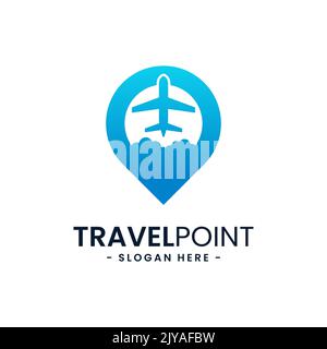 Design-Vorlage für das Travel Point-Logo. PIN-Symbol mit Flugzeugkombination. Konzept von Urlaub, Tourismus, Reise, Exploration, etc. Stock Vektor