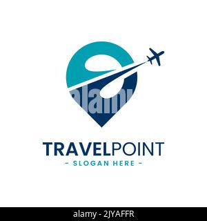Design-Vorlage für das Travel Point-Logo. PIN-Symbol mit Flugzeugkombination. Konzept von Urlaub, Tourismus, Reise, Exploration, etc. Stock Vektor