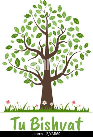 TU BiShvat Vorlage Handgezeichnete Cartoon flache Illustration Blühender Baum mit Objekten von sieben Arten von Früchten auf weißem Hintergrund Design Stock Vektor