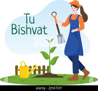 TU BiShvat Vorlage Handgezeichnete Cartoon flache Illustration Blühender Baum mit Objekten von sieben Arten von Früchten auf weißem Hintergrund Design Stock Vektor