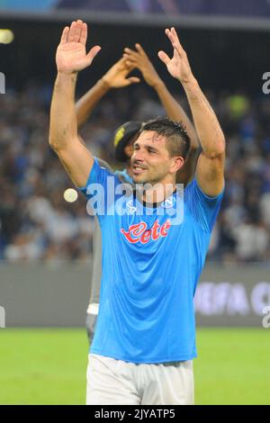 Neapel, Italien. 07. September 2022. Giovanni Simeone SSC Napoli feiert den Sieg das UEFA Champions League-Spiel zwischen SSC Napoli und FC Liverpool im Diego Armando Maradona Stadium Credit: Independent Photo Agency/Alamy Live News Stockfoto