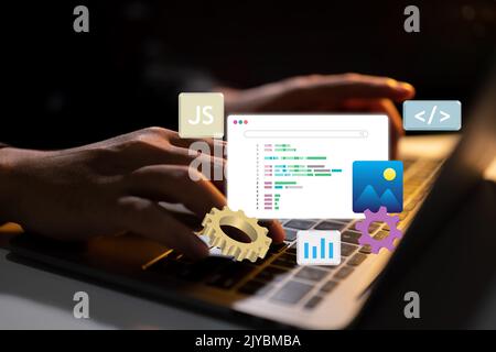 Codierung, Erstellung von Website-Dashboards und Programmierung. Technische Unterstützung und Website-Wartung Stockfoto